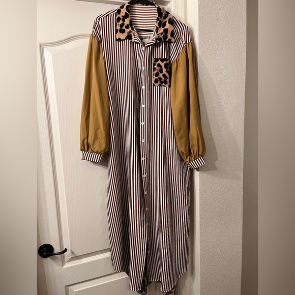 Dresses & Skirts - Striped Button-Down Dress with Leopard Accents